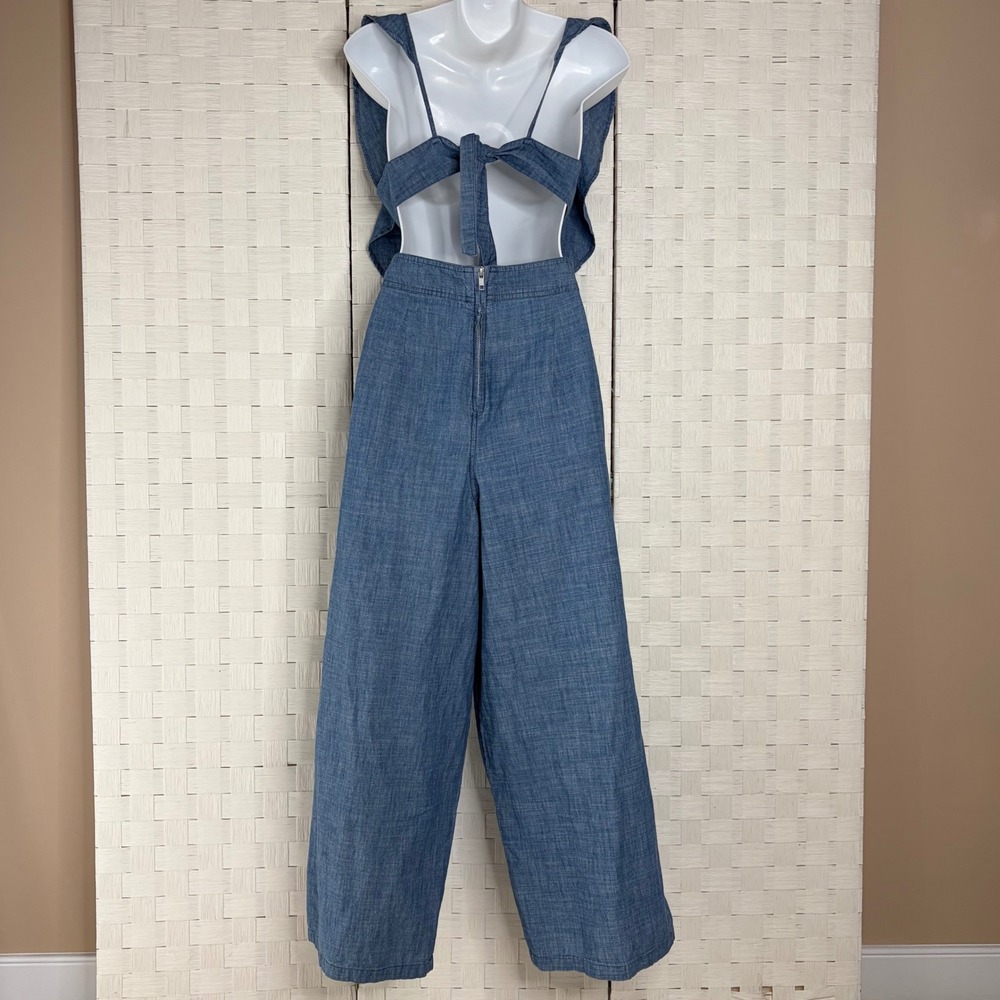 Top Shop Jumpsuit Women Size 6 Blue Chambray Ruffle Open Back Wide Leg Cutout - Picture 6 of 10